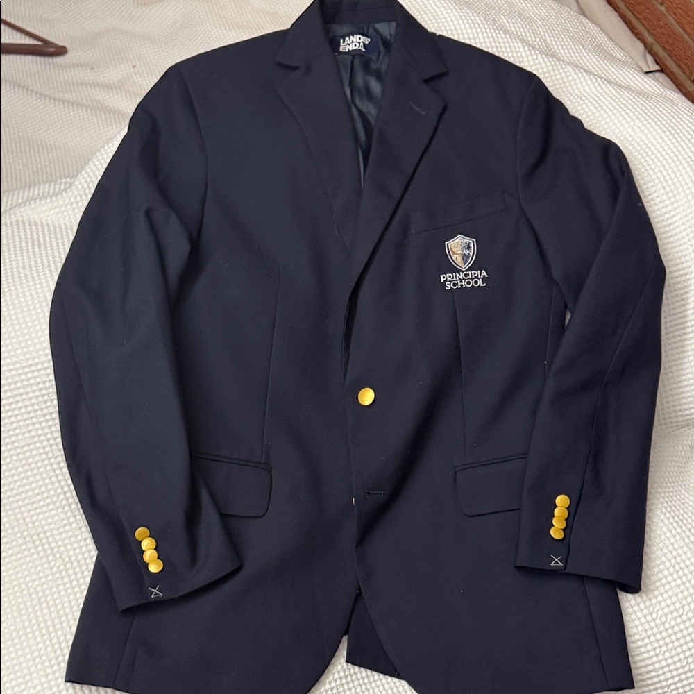 Lands' End Navy Blue Blazer w/Gold Buttons w/Principia School Logo & Crest -38T